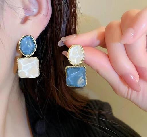 Imported Elegant Blue And White Resin Statement Earrings Timeless Design With A Modern Twist For Women Jewelry